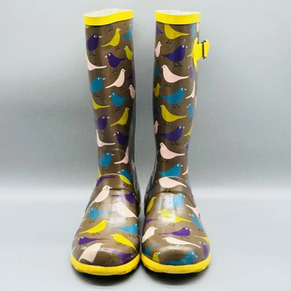 Mini Boden Boots Youth Girls 3‎ Yellow Brown Rain Bird Print Rubber Tall